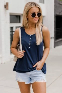 Deals 👍 Pink Lily Courageous Soul Navy Ribbed Tank FINAL SALE ✔️
