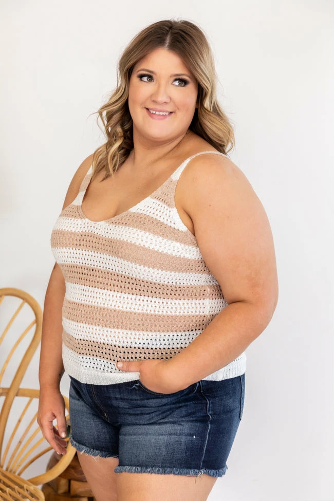 Discount ๐งจ Pink Lily Modern Love Story Striped V-Neck Beige Tank Sweater โ - Image 18