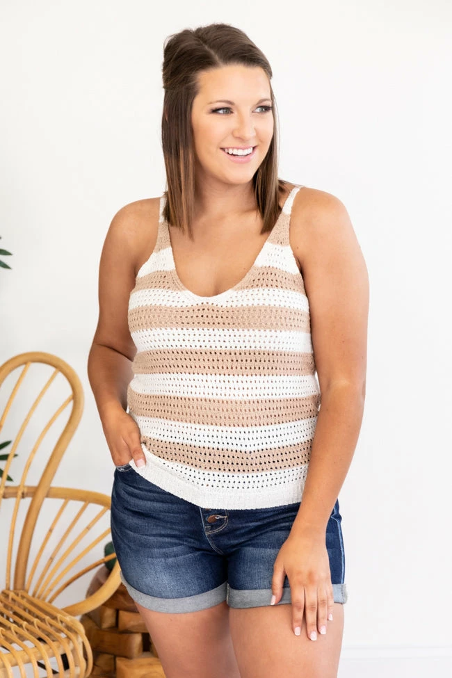 Discount ๐งจ Pink Lily Modern Love Story Striped V-Neck Beige Tank Sweater โ - Image 10