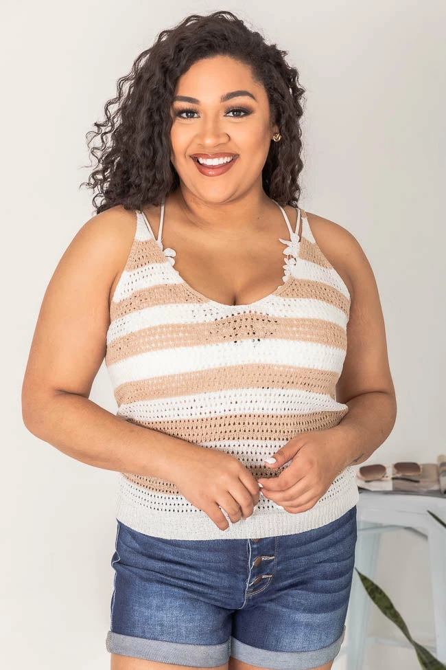 Discount ๐งจ Pink Lily Modern Love Story Striped V-Neck Beige Tank Sweater โ - Image 14