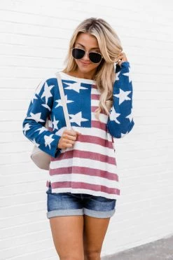 Best deal 😀 Pink Lily Feeling Inspired Boat Neck Flag Ivory Sweater FINAL SALE 🥰