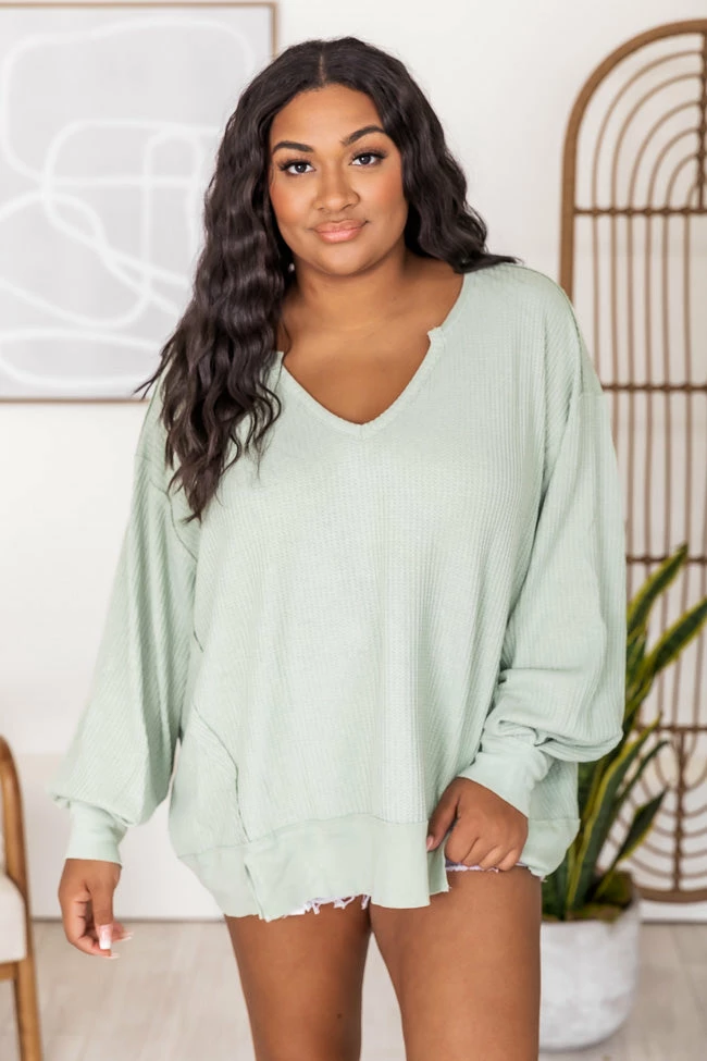 Hot Sale ✨ Pink Lily Since You've Been Gone Sage Waffle Knit V-Neck Sweater 😀 - Image 8