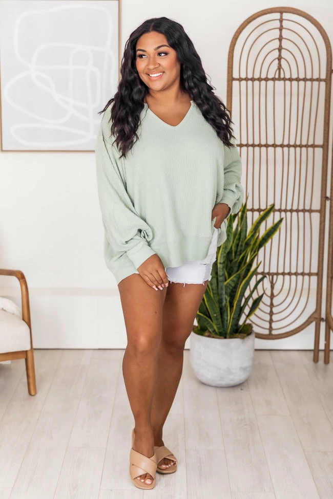 Hot Sale ✨ Pink Lily Since You've Been Gone Sage Waffle Knit V-Neck Sweater 😀 - Image 6