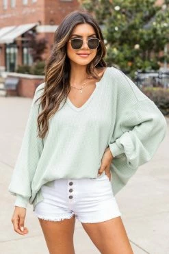 Hot Sale ✨ Pink Lily Since You've Been Gone Sage Waffle Knit V-Neck Sweater 😀