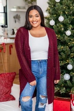 Buy π Pink Lily Chance To Change Wine Cable Knit Cardigan β