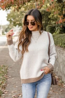 Brand new 🤩 Pink Lily Cool Again Beige Colorblock Mock Neck Sweater ✨