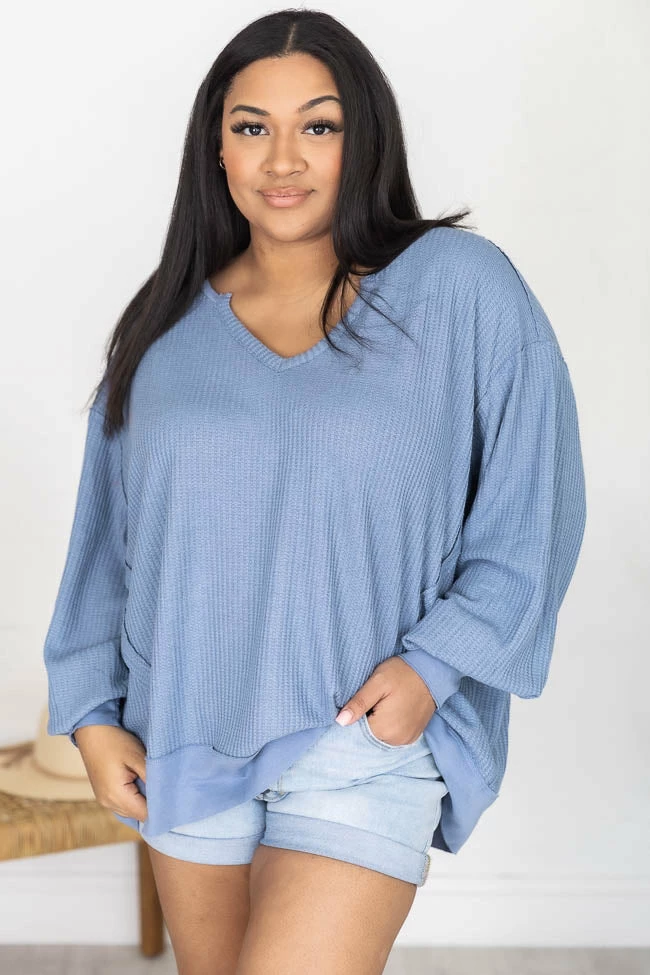 Top 10 ❤️ Pink Lily Since You've Been Gone Blue Waffle Knit V-Neck Sweater 🔔 - Image 9