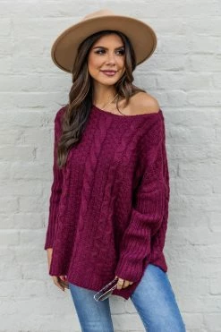 Budget ๐ Pink Lily Alone With You Burgundy Cable Knit Sweater ๐