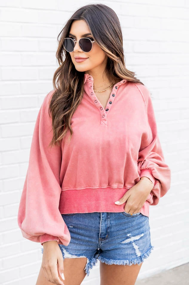 Discount ๐ฏ Pink Lily You And Me Mauve Acid Wash Button Up Pullover ๐