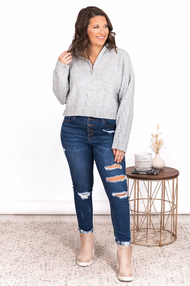 Cheapest 😍 Pink Lily Already Yours Grey Cropped Quarter Zip Sweater FINAL SALE 👏 - Image 12