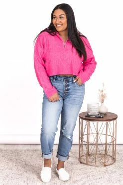 Deals 😀 Pink Lily Already Yours Pink Cropped Quarter Zip Sweater FINAL SALE 🛒