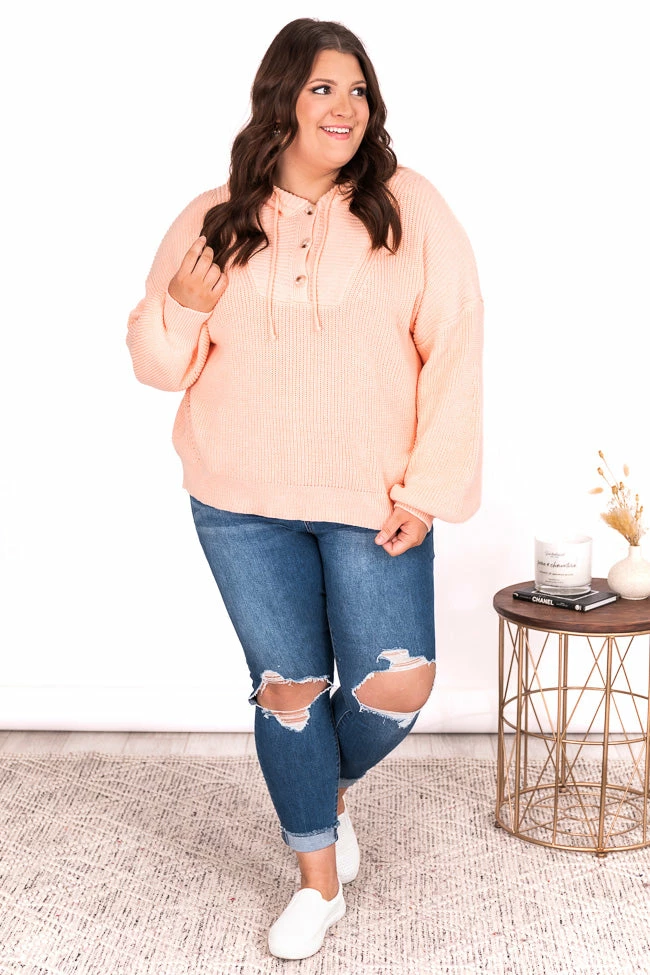 Buy โ๏ธ Pink Lily Send Your Approval Henley Peach Hooded Sweater ๐ - Image 18