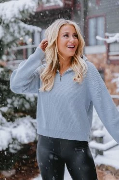 Wholesale 🎁 Pink Lily In The Daylight Blue Quarter Zip Sweater FINAL SALE 🥰