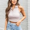 Coupon 🔥 Pink Lily Between The Lines Taupe Checkered Collared Tank FINAL SALE ✨