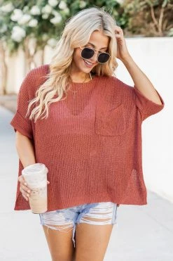 Best reviews of 🎁 Pink Lily Driftwood Daydreams Terracotta Lightweight Short Sleeve Sweater FINAL SALE ⌛