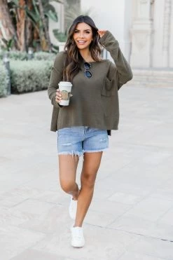 Budget ✨ Pink Lily All I Know So Far Olive Pocketed Fuzzy Sweater ⌛