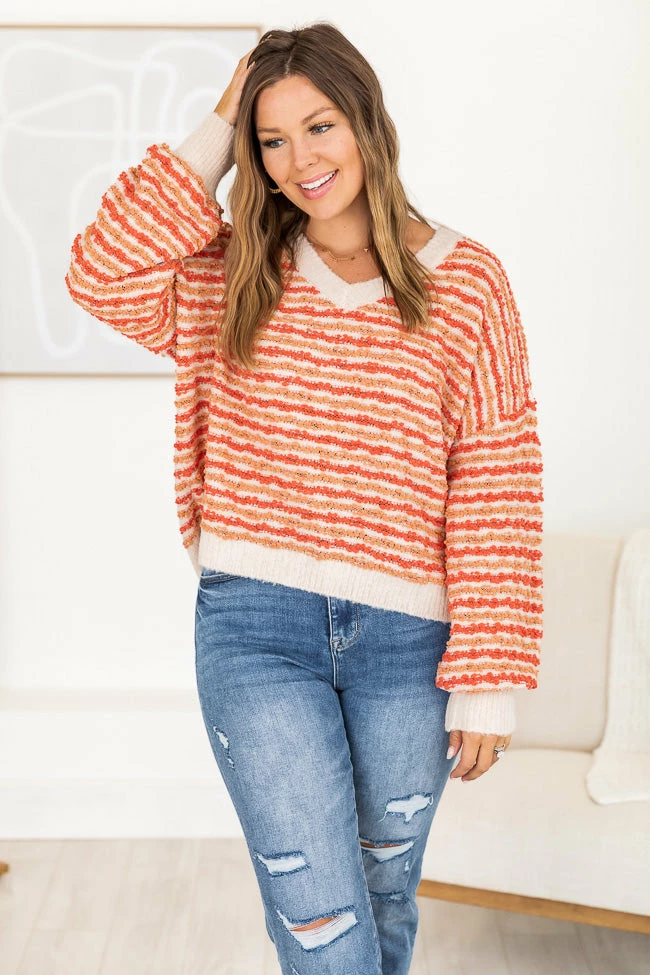 Budget โ๏ธ Pink Lily Smitten By You Fuzzy Orange Striped V-Neck Sweater FINAL SALE ๐ - Image 7