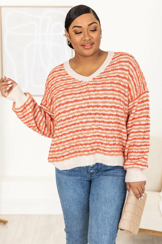 Budget โ๏ธ Pink Lily Smitten By You Fuzzy Orange Striped V-Neck Sweater FINAL SALE ๐ - Image 12