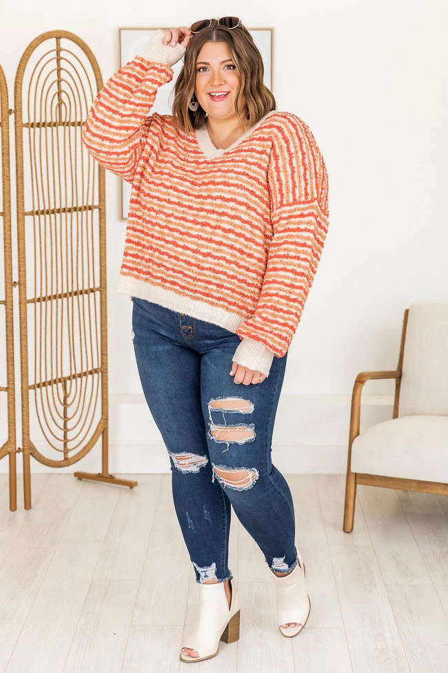 Budget โ๏ธ Pink Lily Smitten By You Fuzzy Orange Striped V-Neck Sweater FINAL SALE ๐ - Image 10