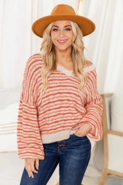 Budget ✔️ Pink Lily Smitten By You Fuzzy Orange Striped V-Neck Sweater FINAL SALE 😉