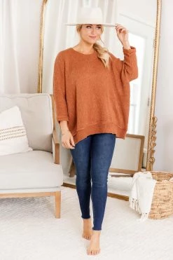 Best Pirce 🛒 Pink Lily Just That Simple Rust Herringbone Sweater FINAL SALE ✔️
