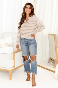 Cheap 🥰 Pink Lily A Different Story Brown Striped Henley Sweater 🧨