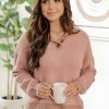 Coupon 🛒 Pink Lily Tell Me Everything Fuzzy Brick Henley Pullover FINAL SALE 😉