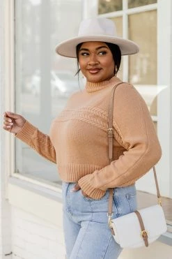 Promo ✨ Pink Lily Taking The Long Way Brown Braided Detail Mock Neck Sweater 😀