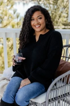 Deals 🥰 Pink Lily Fill Your Cup Black Notched Neck Sweater FINAL SALE 🤩