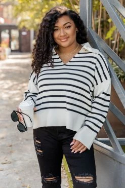 New 👏 Pink Lily Let's Go Together Black And White Striped Collared V-Neck Sweater 💯