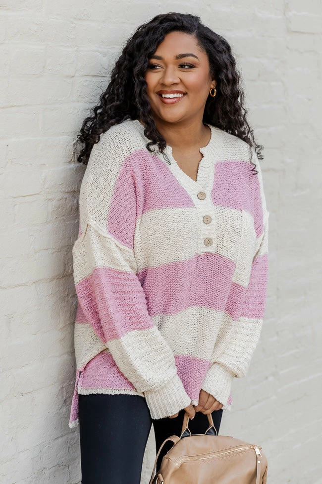 Wholesale π― Pink Lily Know You Best Mauve Oversized Striped Henley Sweater π₯