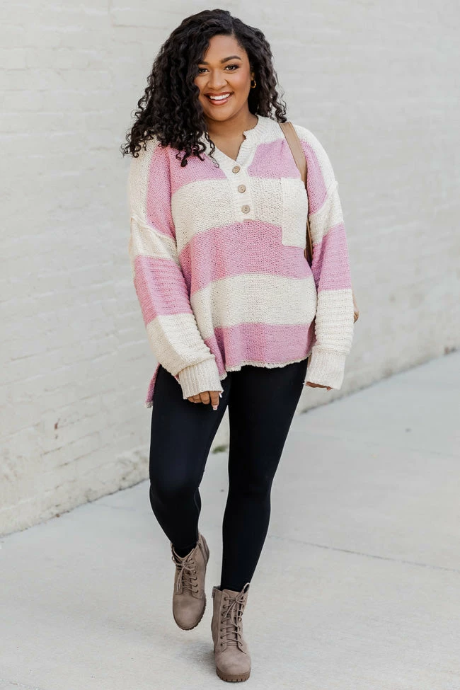 Wholesale π― Pink Lily Know You Best Mauve Oversized Striped Henley Sweater π₯ - Image 2