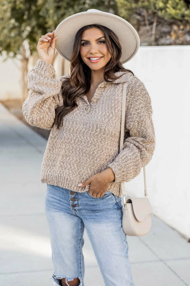 Budget ❤️ Pink Lily Note To Self Brown Fuzzy Collared Henley Sweater 😀