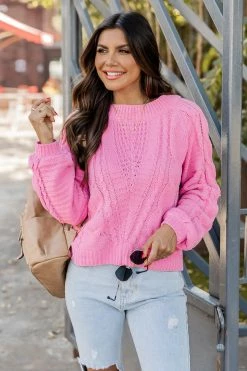Discount 👏 Pink Lily Feeling Close To You Pink Wide Neck Chenille Sweater 🔥