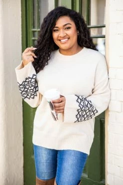 Best Pirce ✨ Pink Lily Feelings I Adore Ivory Printed Sleeve Sweater 🤩