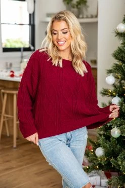 Best deal 👏 Pink Lily Under The Pines Burgundy Cable Knit Sweater 🤩