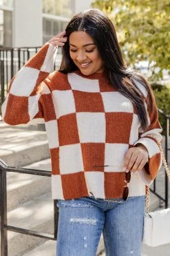 Promo ๐ Pink Lily Best Behavior Brown Checkered Sweater ๐