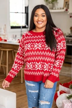 Cheap 😀 Pink Lily Twelve Days Of 🎁 Christmas Red Fair Isle Sweater ⌛