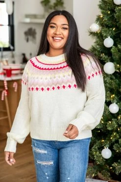 Coupon 🥰 Pink Lily My Favorite Gift Ivory And Pink Fair Isle Sweater 😀