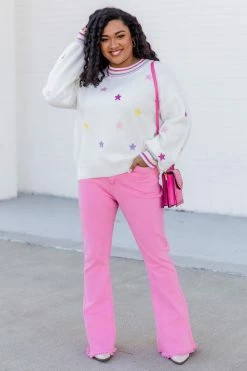 Wholesale 🔔 Pink Lily Living A Dream Ivory Fuzzy Multicolor Star Sweater ⭐