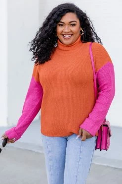 Discount 🎉 Pink Lily Be A Stand Out Orange And Pink Colorblock Sweater ⭐