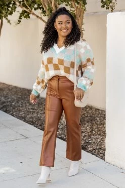 Cheap 🤩 Pink Lily On To Better Love Multicolor Checkered V-Neck Sweater ⌛