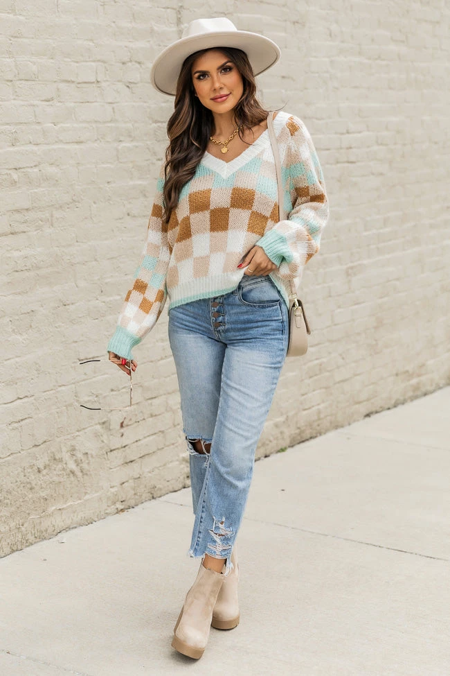 Cheap 🤩 Pink Lily On To Better Love Multicolor Checkered V-Neck Sweater ⌛ - Image 6