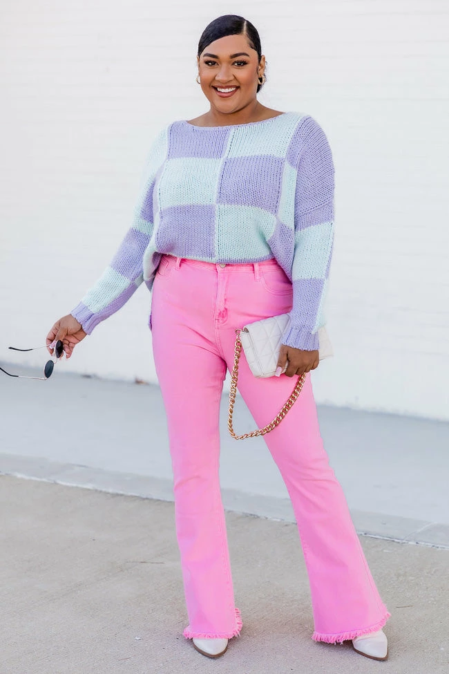 Discount โค๏ธ Pink Lily Your Move Mint And Purple Checkered Boat Neck Sweater ๐ - Image 9