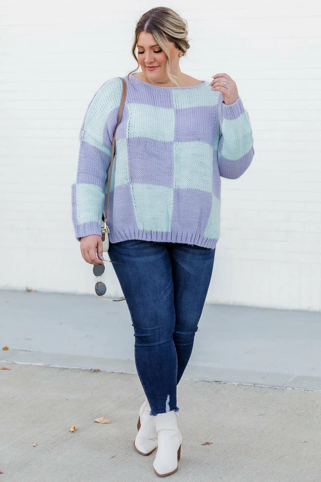 Discount โค๏ธ Pink Lily Your Move Mint And Purple Checkered Boat Neck Sweater ๐ - Image 2