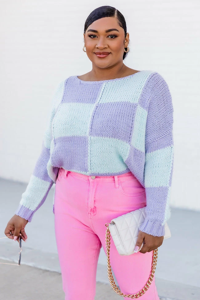 Discount โค๏ธ Pink Lily Your Move Mint And Purple Checkered Boat Neck Sweater ๐ - Image 10