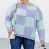 Discount ❤️ Pink Lily Your Move Mint And Purple Checkered Boat Neck Sweater 🔔