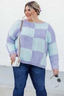 Discount ❤️ Pink Lily Your Move Mint And Purple Checkered Boat Neck Sweater 🔔