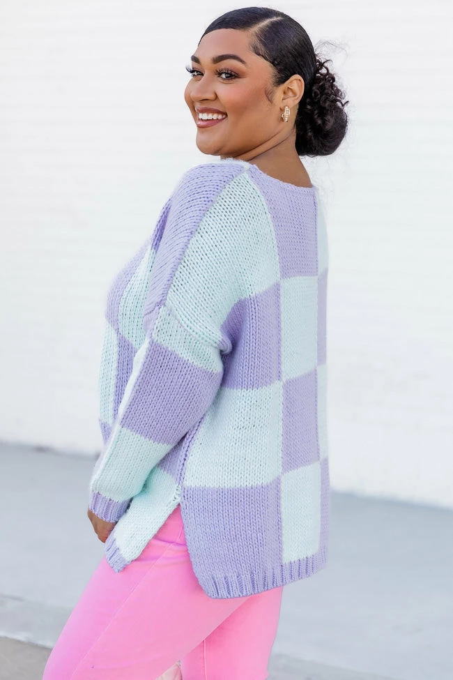 Discount โค๏ธ Pink Lily Your Move Mint And Purple Checkered Boat Neck Sweater ๐ - Image 11