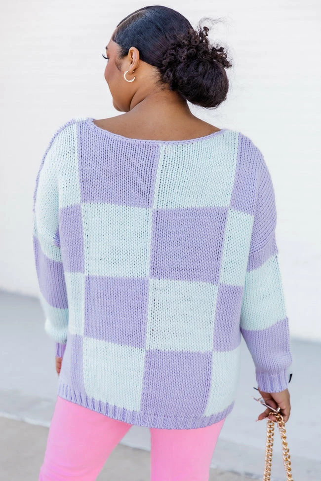Discount โค๏ธ Pink Lily Your Move Mint And Purple Checkered Boat Neck Sweater ๐ - Image 12